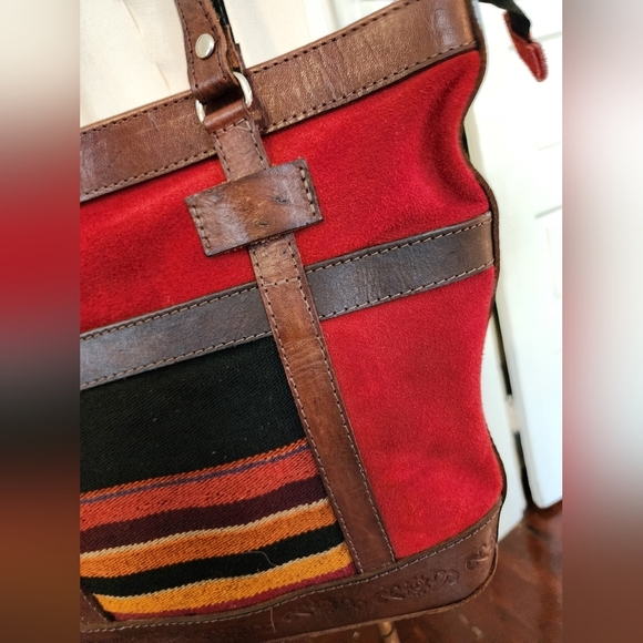 Handcraft Bolivian Red Suede & Brown 100% Leather Tote Bag - Picture 4 of 12